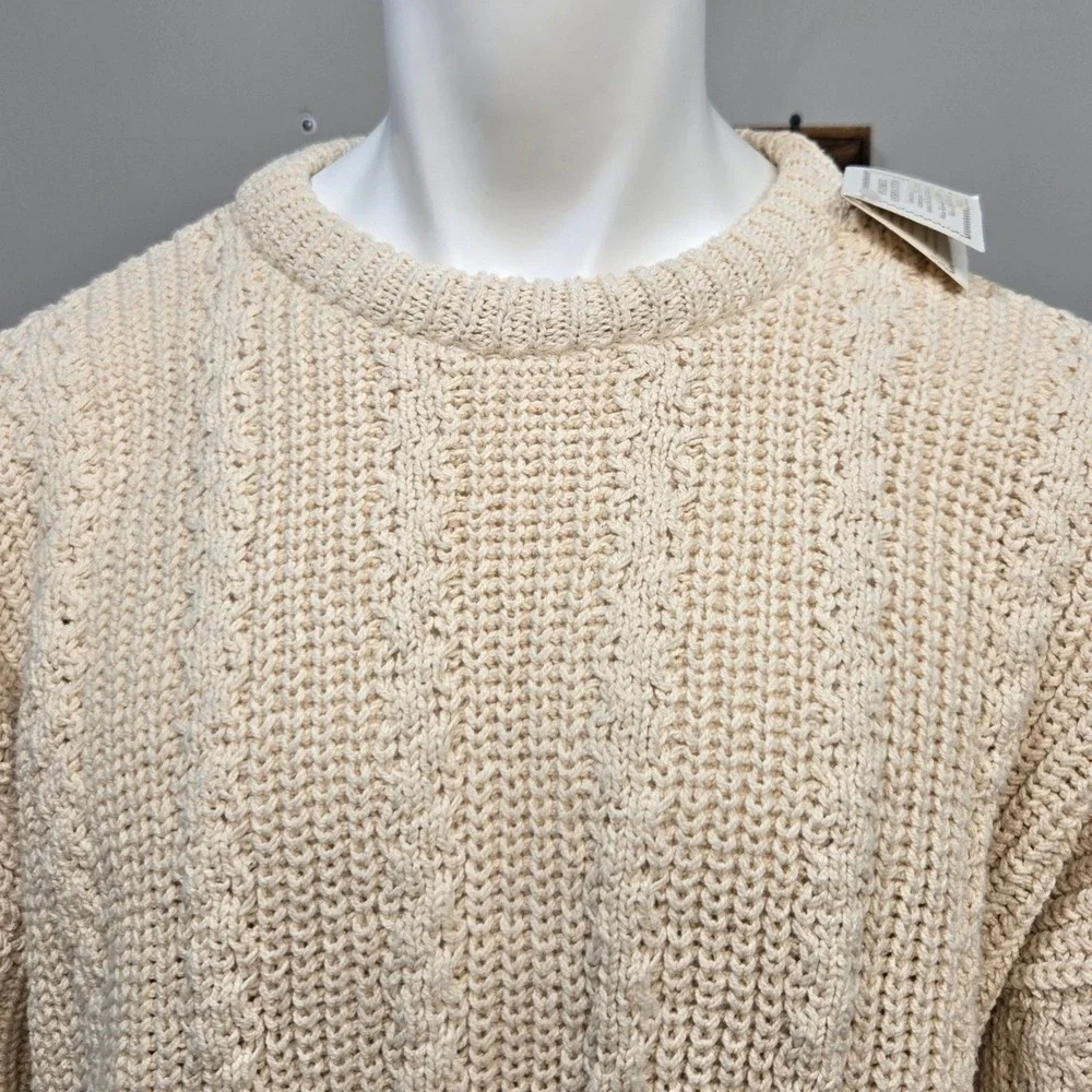 Vintage 80s Mens Cable Knit Sweater XL Cream Cotton Made in USA Chunky Fisherman